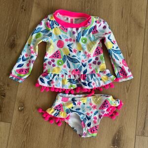 Betsey Johnson Fruity Floral Pom Pom 2 Pc Rash guard Baby Girl 18 Months